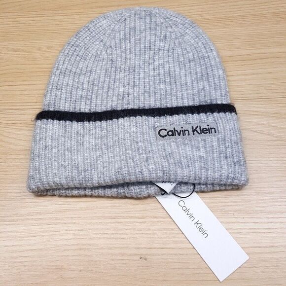 CALVIN KLEIN Mens Beanie Hat Gray Tipped Stripe Fold Over Cuff Alpaca Knit - Picture 1 of 5